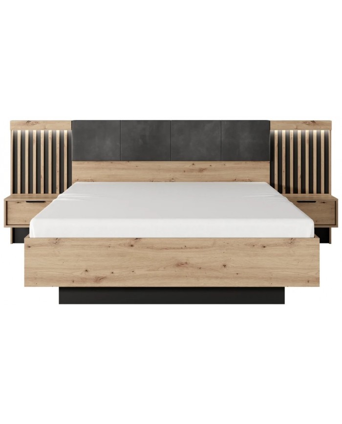 PACK CHAMBRE AURA –  Lit 160x200 + 2 chevets intégrés+ Led + armoire miroir 4 portes + commode AURA