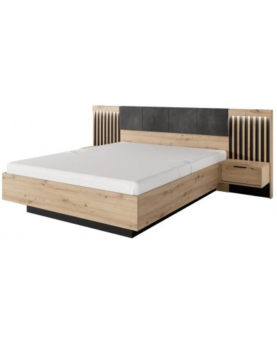 PACK CHAMBRE AURA –  Lit 160x200 + 2 chevets intégrés+ Led + armoire miroir 4 portes + commode AURA