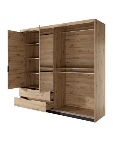 PACK CHAMBRE AURA –  Lit 160x200 + 2 chevets intégrés+ Led + armoire miroir 4 portes + commode AURA