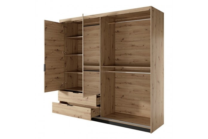 PACK CHAMBRE AURA –  Lit 160x200 + 2 chevets intégrés+ Led + armoire miroir 4 portes + commode AURA