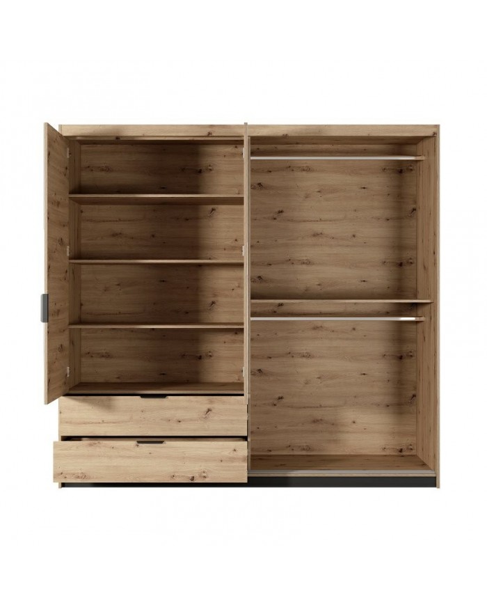 PACK CHAMBRE AURA –  Lit 160x200 + 2 chevets intégrés+ Led + armoire miroir 4 portes + commode AURA