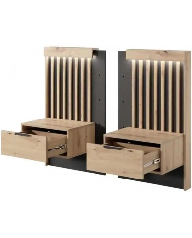 PACK CHAMBRE AURA –  Lit 160x200 + 2 chevets intégrés+ Led + armoire miroir 4 portes + commode AURA
