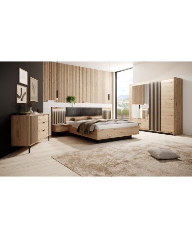 PACK CHAMBRE AURA –  Lit 160x200 + 2 chevets intégrés+ Led + armoire miroir 4 portes + commode AURA