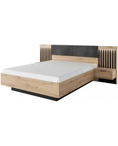 PACK CHAMBRE AURA –  Lit 160x200 + 2 chevets intégrés+ Led + armoire miroir 4 portes + commode AURA