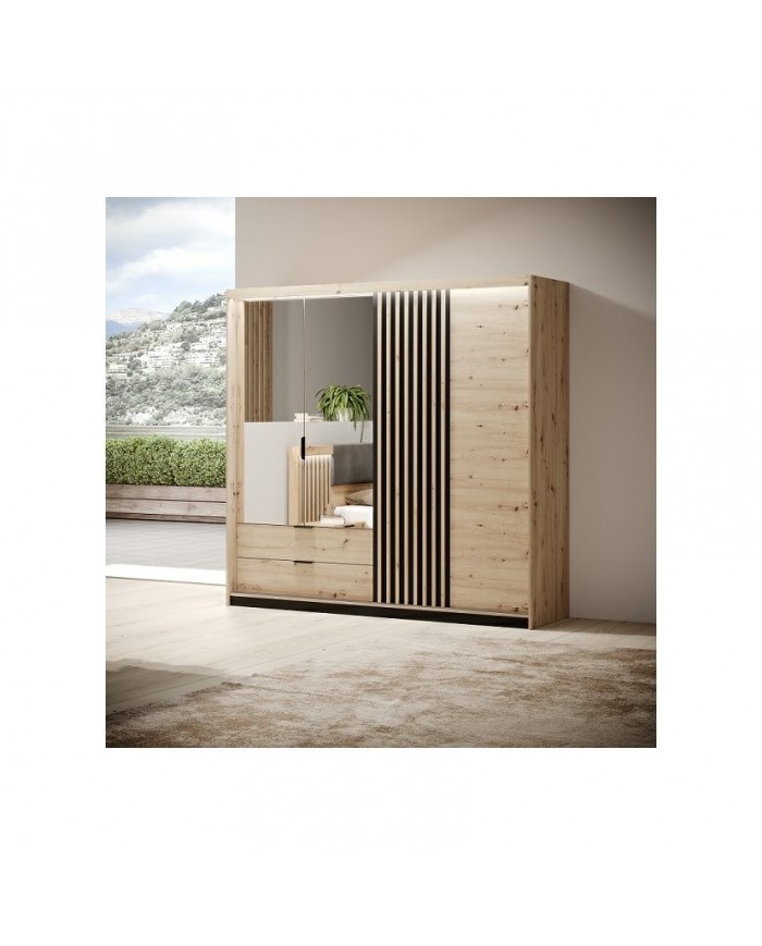 PACK CHAMBRE AURA –  Lit 160x200 + 2 chevets intégrés+ Led + armoire miroir 4 portes + commode AURA