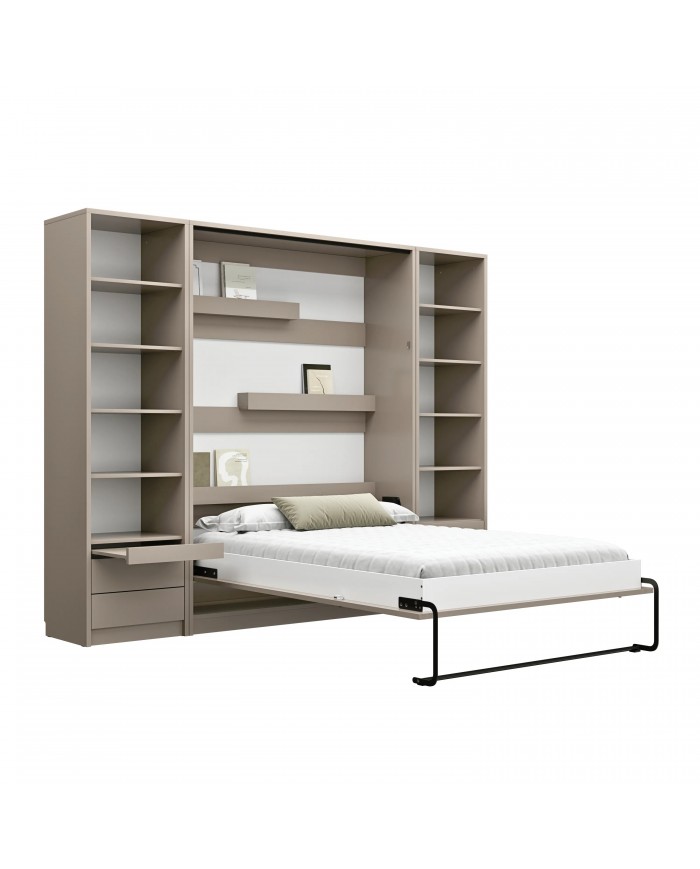 Armoire lit escamotable relevable vertical avec bureau intégré 120x200 cm taupe DELUXE