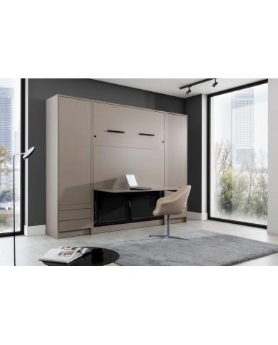 Armoire lit escamotable relevable vertical avec bureau intégré 120x200 cm taupe DELUXE