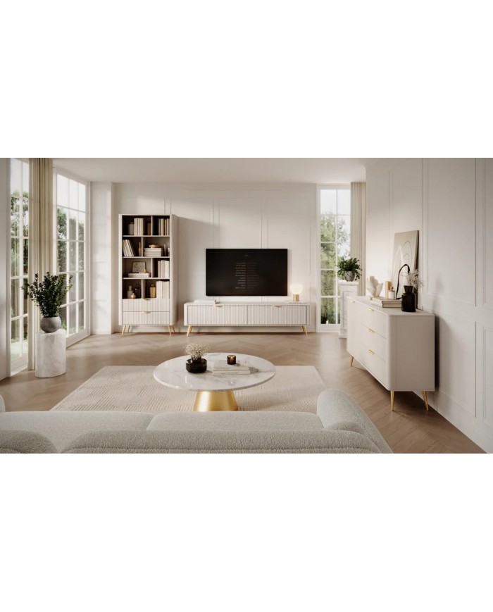 Meuble TV 1 porte 200 cm Design Sculptural & Chic Moderne sable du desert ALVORA GOLD