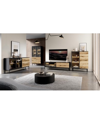Meuble TV 2 portes 150 cm Design Sculptural avec Éclairage LEDs Intégrées VERTIGO NOIR