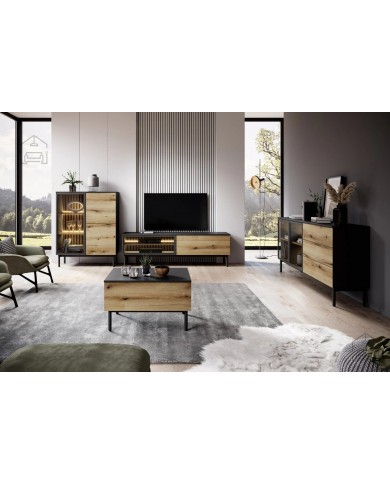 Meuble TV 2 portes 180 cm Design Sculptural avec Éclairage LEDs Intégrées VERTIGO NOIR