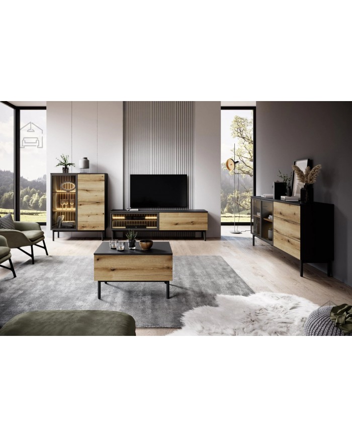 Meuble TV 2 portes 180 cm Design Sculptural avec Éclairage LEDs Intégrées VERTIGO NOIR