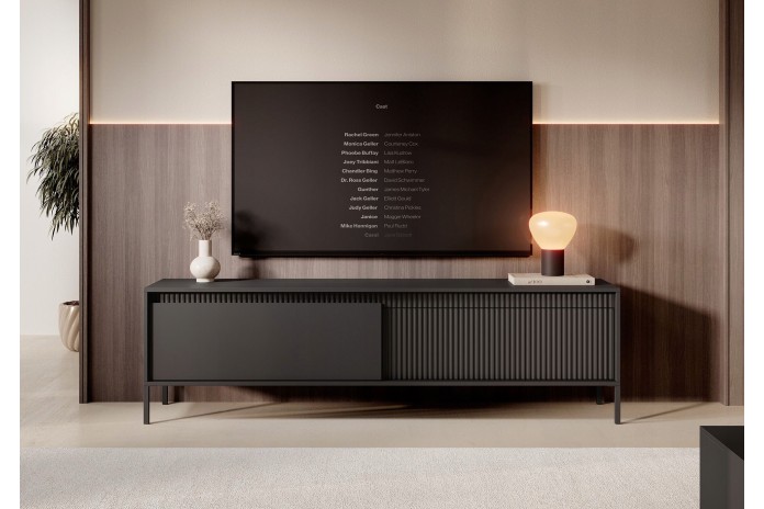 Meuble TV 2 portes Sculptural 187 cm avec façades rainurées noirs LUXOR NOIR