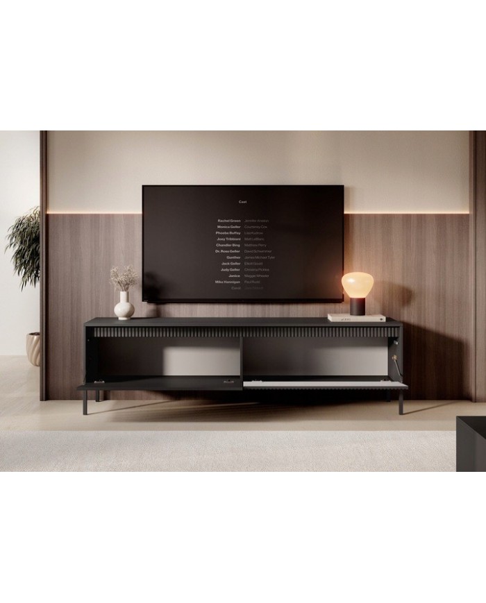 Meuble TV 2 portes Sculptural 187 cm avec façades rainurées noirs LUXOR NOIR