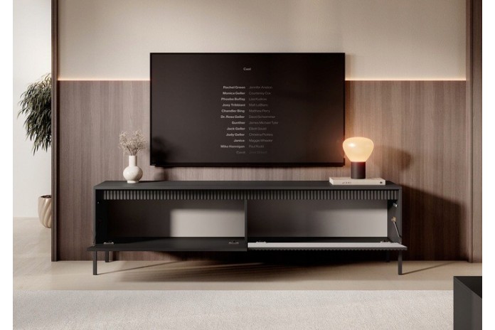 Meuble TV 2 portes Sculptural 187 cm avec façades rainurées noirs LUXOR NOIR