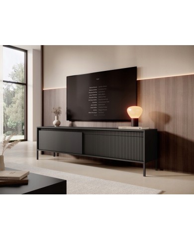 Meuble TV 2 portes Sculptural 187 cm avec façades rainurées noirs LUXOR NOIR