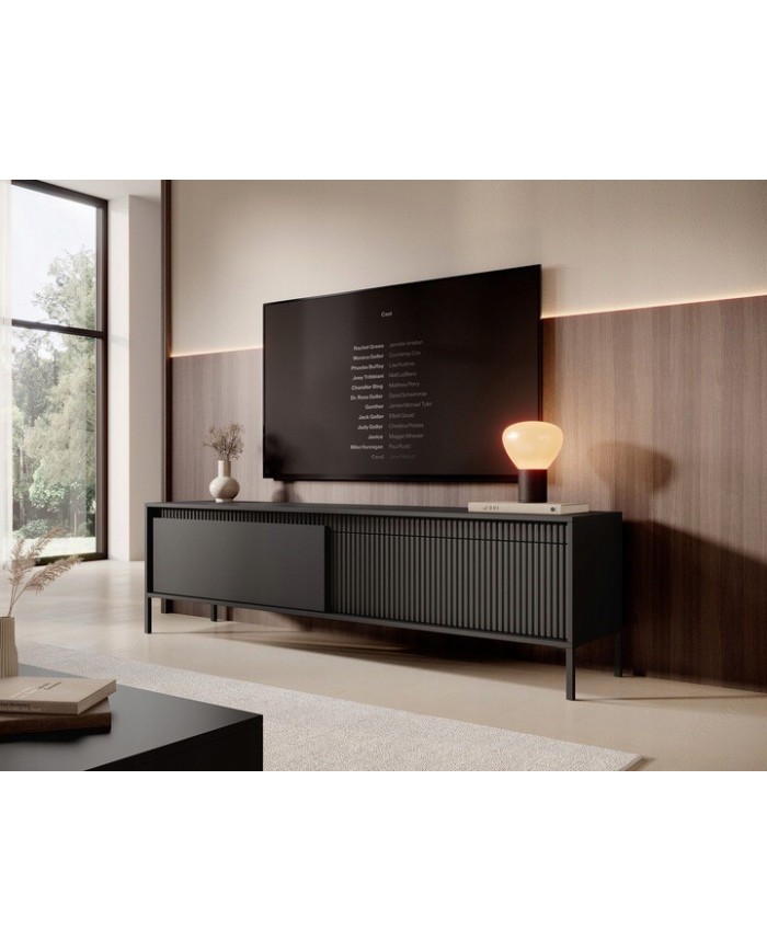 Meuble TV 2 portes Sculptural 187 cm avec façades rainurées noirs LUXOR NOIR