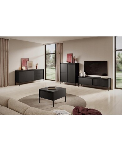 Meuble TV 2 portes Sculptural 187 cm avec façades rainurées noirs LUXOR NOIR