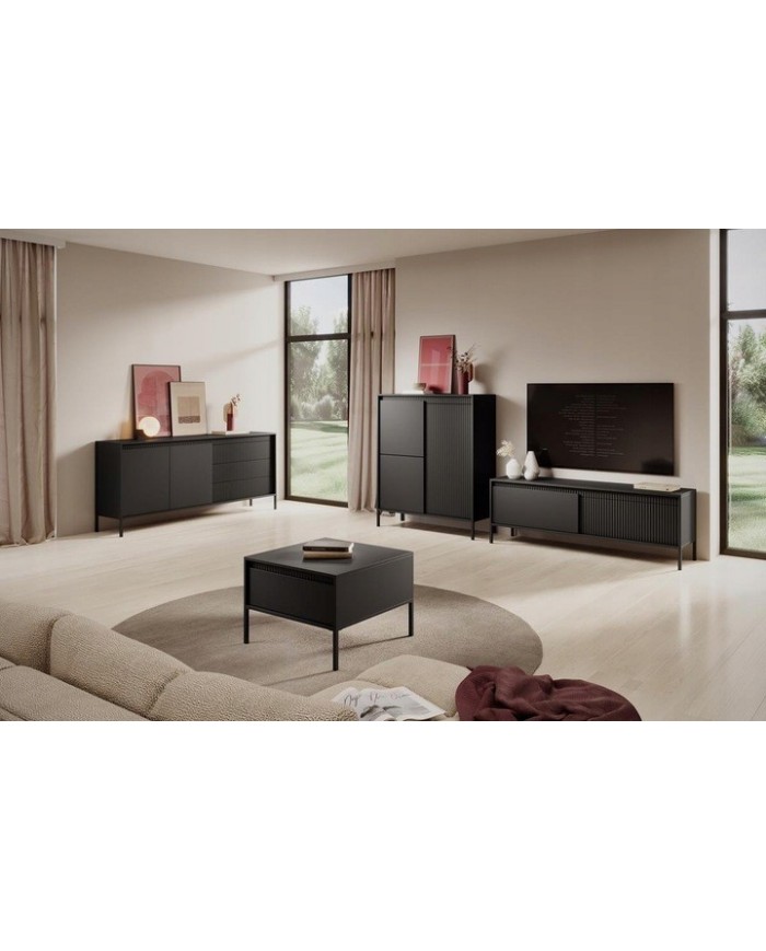 Meuble TV 2 portes Sculptural 187 cm avec façades rainurées noirs LUXOR NOIR