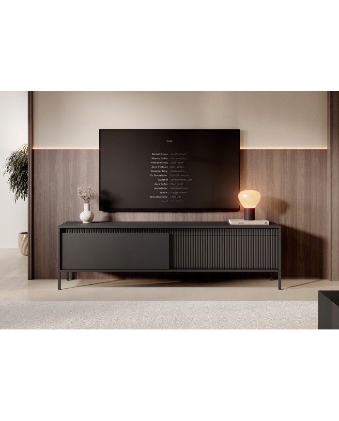 Meuble TV 2 portes Sculptural 187 cm avec façades rainurées noirs LUXOR NOIR
