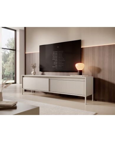 Meuble TV 2 portes Sculptural 187 cm avec façades rainurées beige LUXOR CREMA