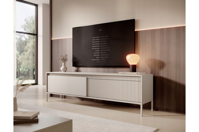 Meuble TV 2 portes Sculptural 187 cm avec façades rainurées beige LUXOR CREMA