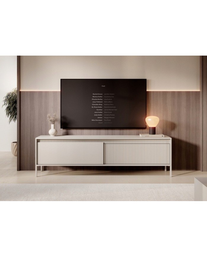 Meuble TV 2 portes Sculptural 187 cm avec façades rainurées beige LUXOR CREMA