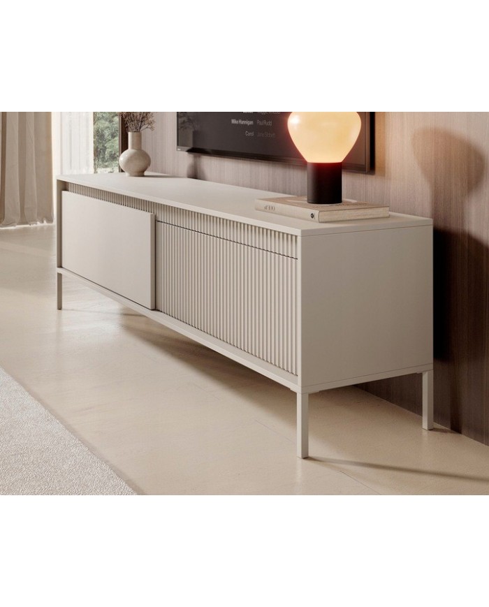 Meuble TV 2 portes Sculptural 187 cm avec façades rainurées beige LUXOR CREMA
