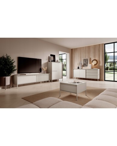 Meuble TV 2 portes Sculptural 187 cm avec façades rainurées beige LUXOR CREMA