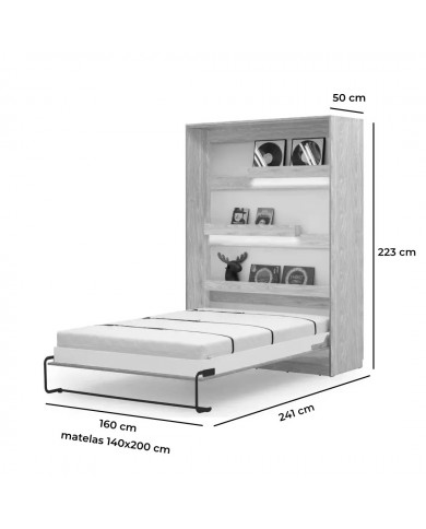Armoire lit escamotable relevable vertical 140x200 cm chêne lancelot et noir DELUXE