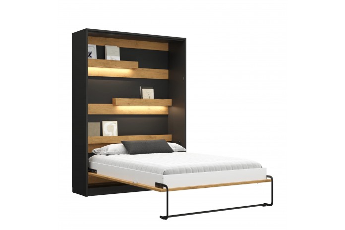 Armoire lit escamotable relevable vertical 140x200 cm chêne lancelot et noir DELUXE