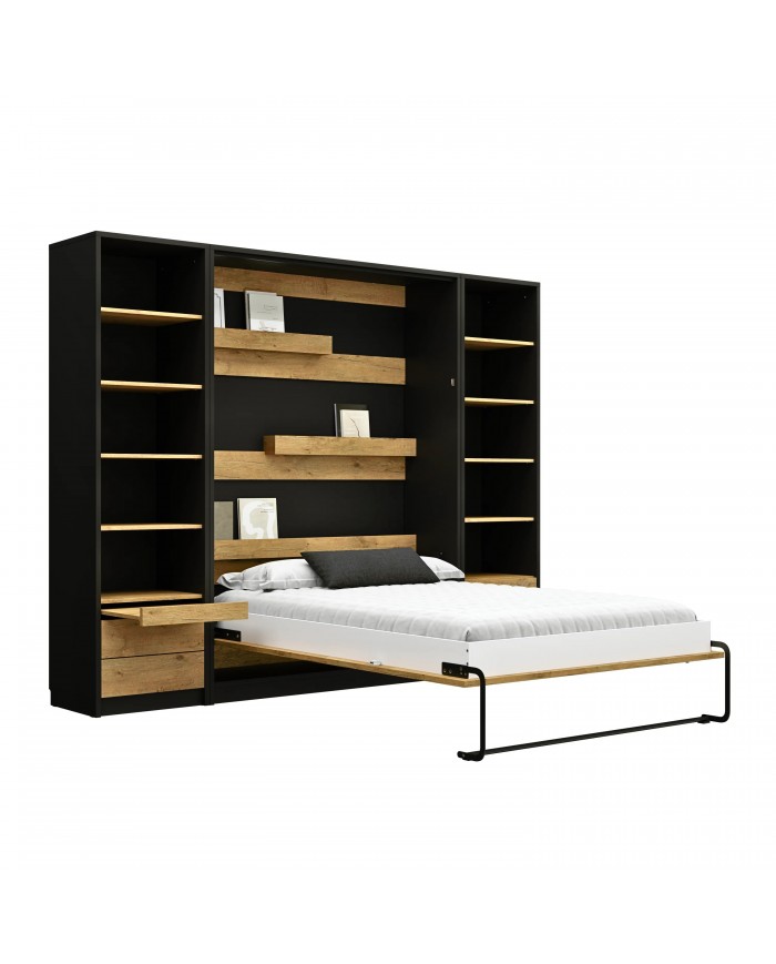 Armoire lit escamotable relevable vertical 140x200 cm chêne lancelot et noir DELUXE