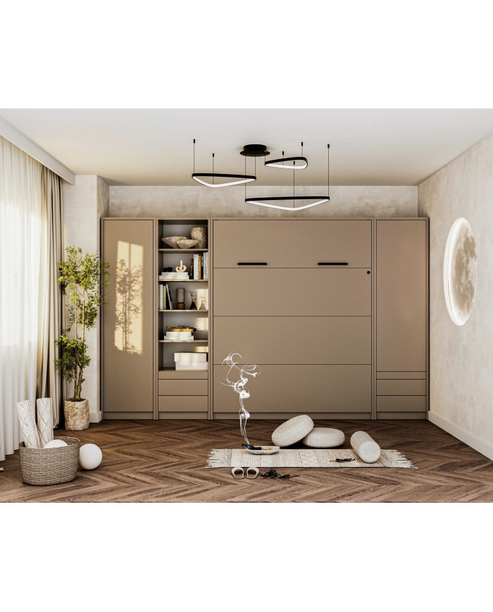 Armoire lit escamotable relevable vertical 140x200 cm taupe DELUXE